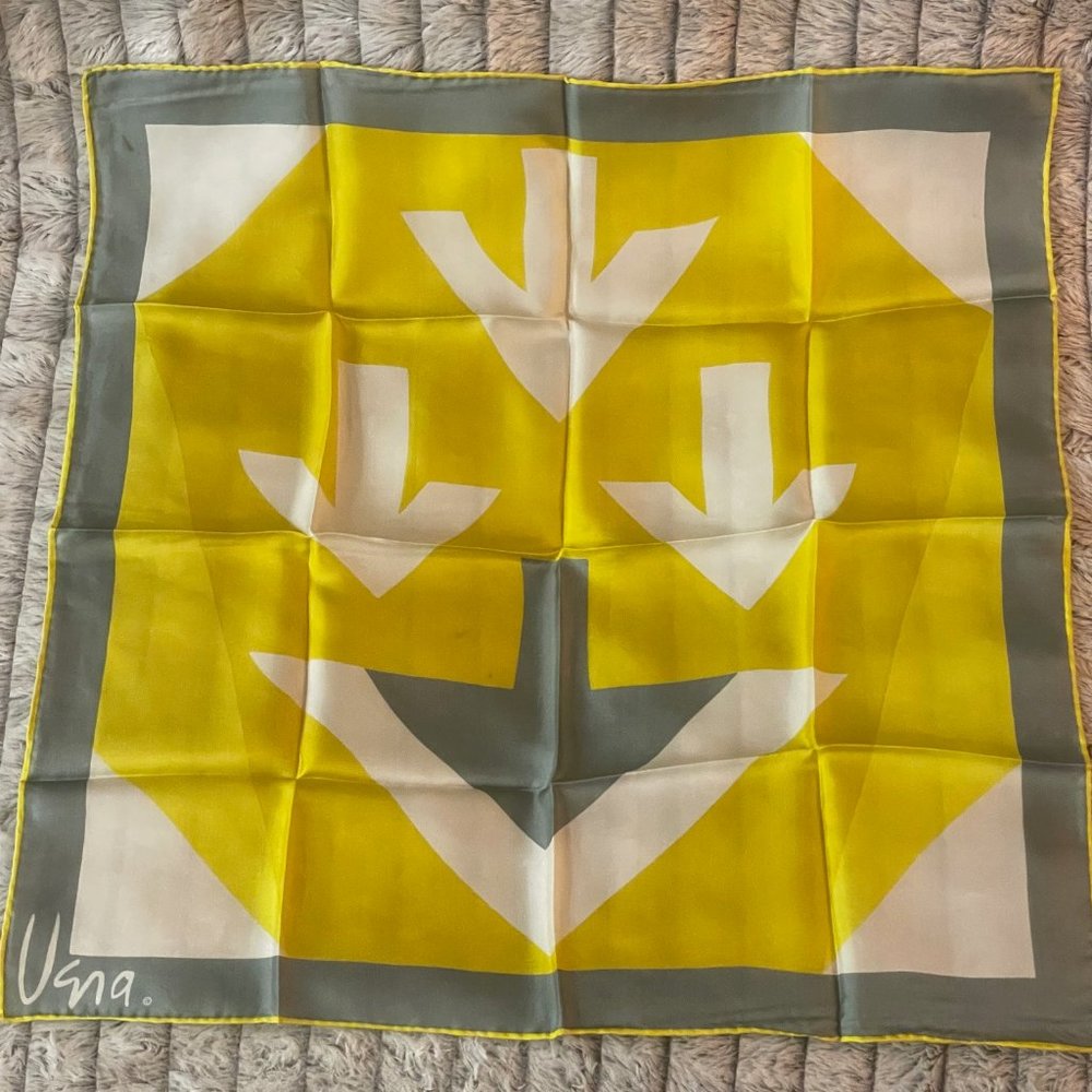 Vera Neumann Vintage Silk Scarf Abstract Geometric Gray Yellow Large Japan 23x23